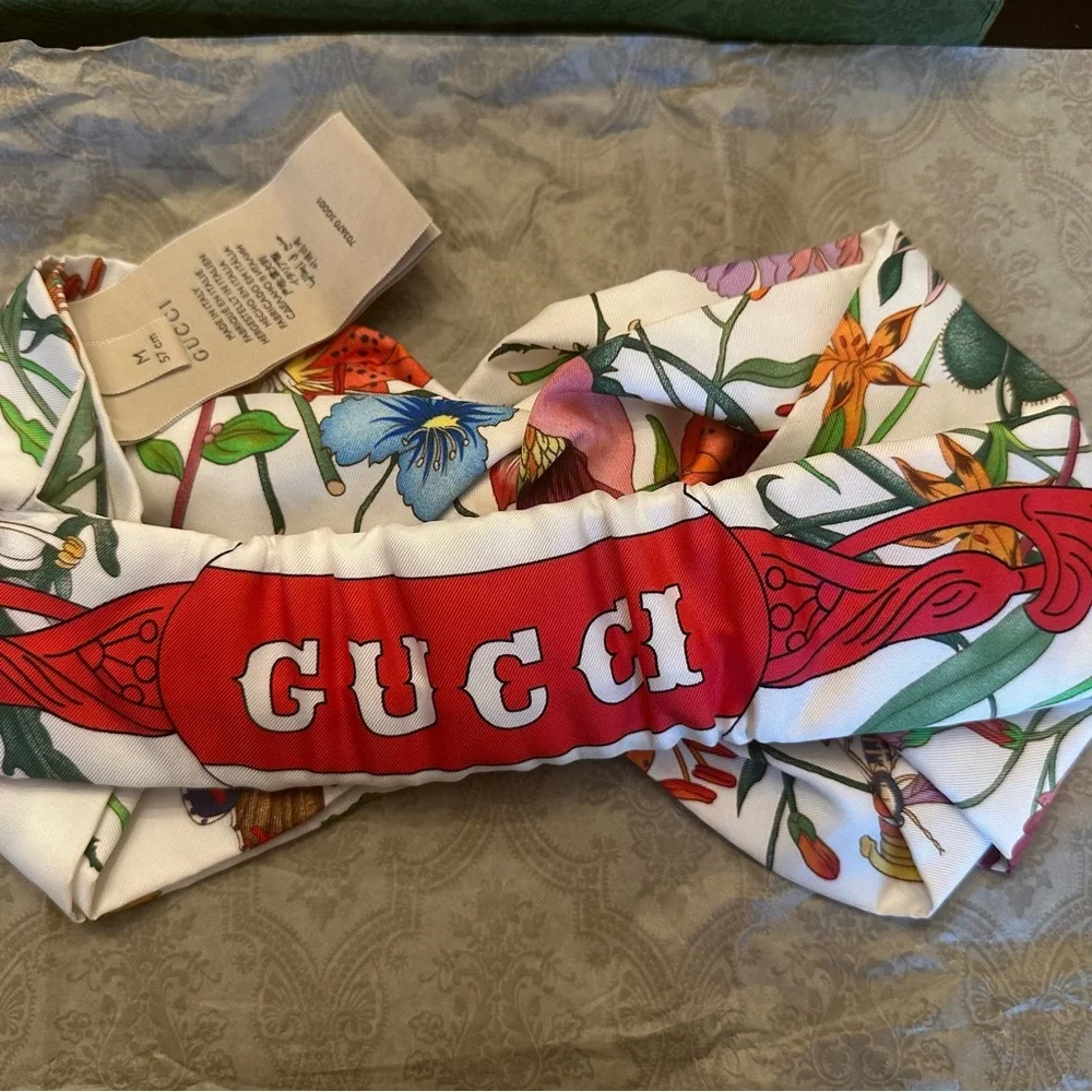 Gucci White Flora Printed Logo Multicolor Silk Headband - Picture 3 of 6